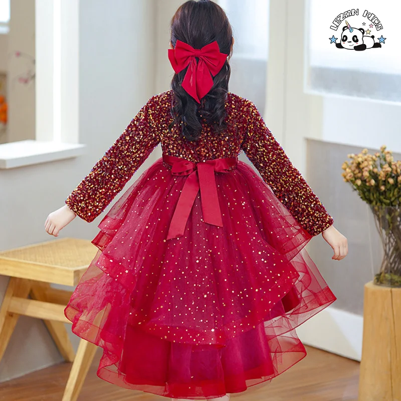 LEZONKIDS - Custom Long Sleeved Trailing Sequins Mesh Poncho Girls Evening Dresses for Party Wear